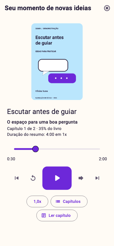 Player da Suma com áudio por capítulo, velocidade e opção de ler
